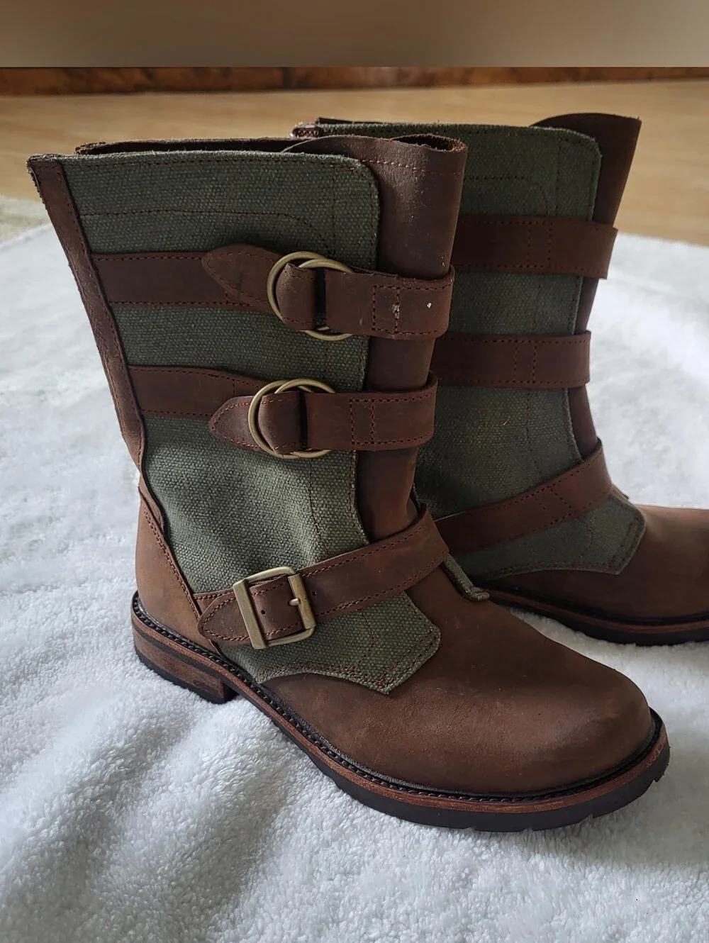 Brown Leather and Olive Canvas Buckle Boots